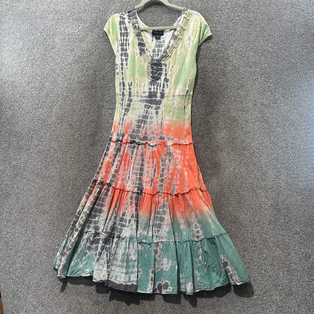 VTG Lola P Tie Dye Cotton Maxi Dress Medium Boho Crochet V‎ Neck Hippie Festival